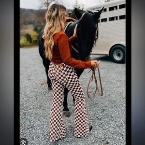 RANCH DRESSN Brown Checkered Jeans 28x34 Size 6 Raw Hem Festival Western Cowgirl